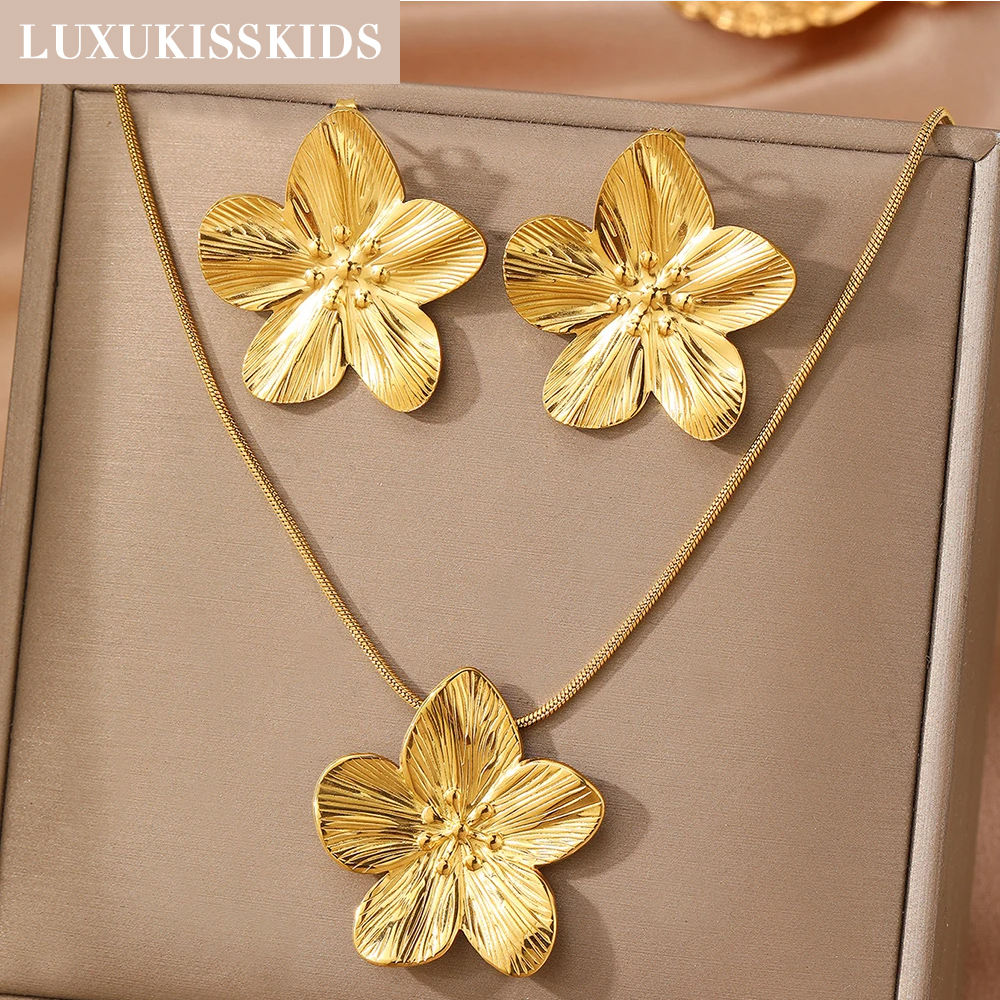 LUXUKISSKIDS 2PC Women's Fashion Trendy Stainless Steel Flower Earrings Necklace