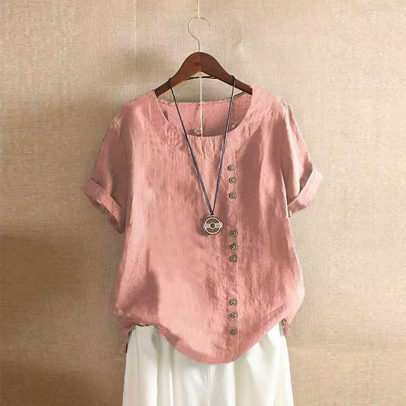 Thumbnail: 18 Colors S-5XL Women Cotton Linen Button Blouse Summer Female O-Neck Short Slee