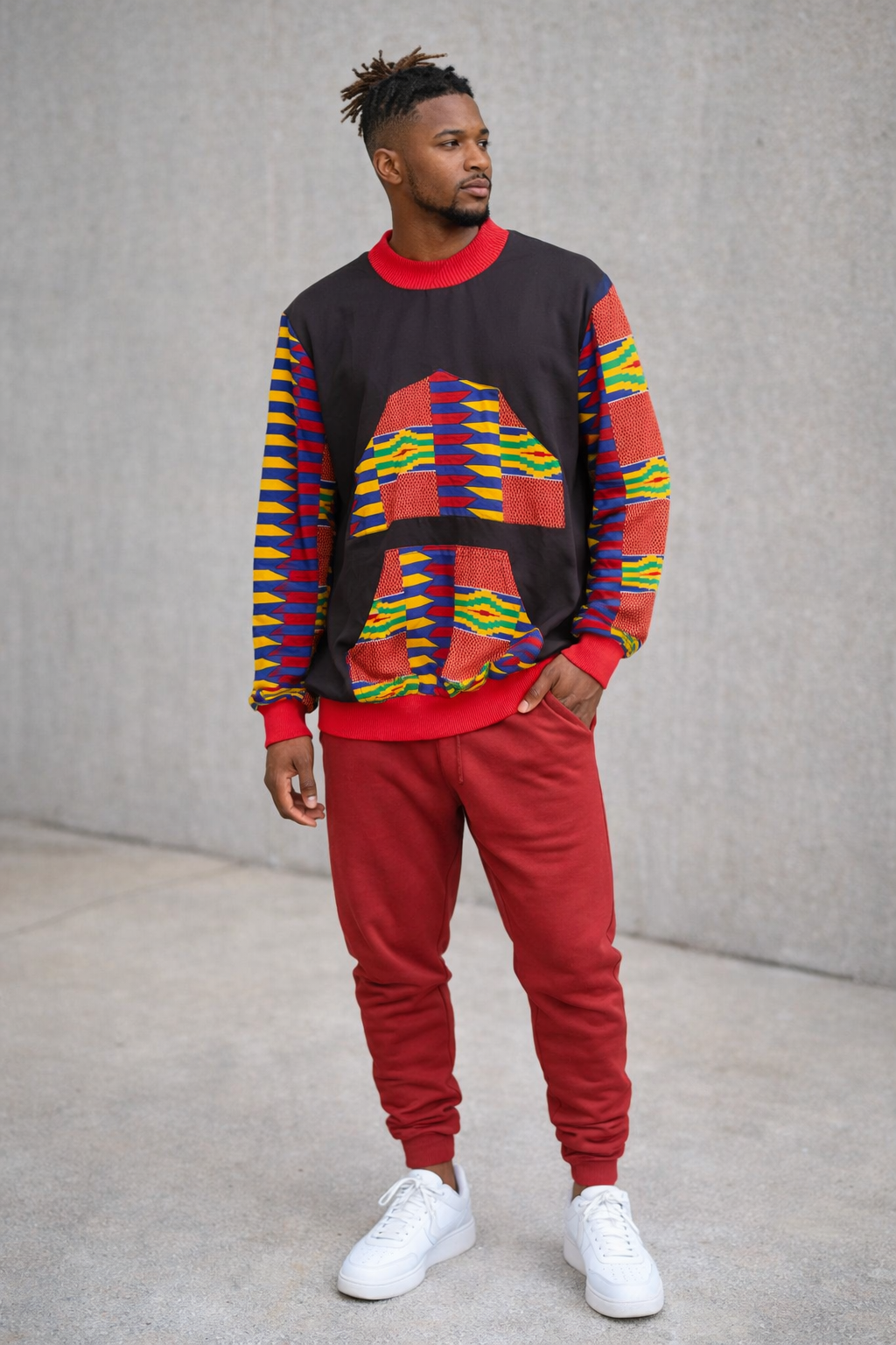 *Unisex* Deep Chocolate Brown Red and Kente Cloth Pullover