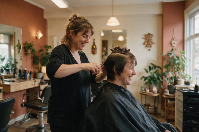 Moderner Friseur- und Beautysalon mit Stuhl vor einem großen Spiegel