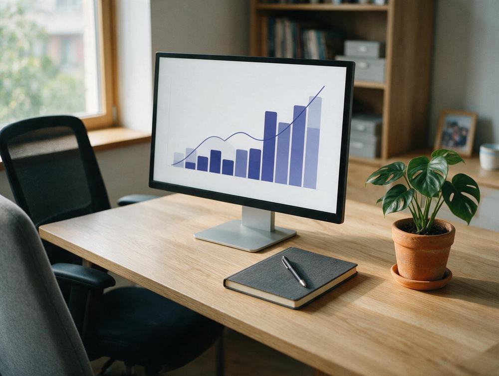 Schreibtisch mit Monitor, auf dem eine Auswertung zur Website-Sichtbarkeit zu sehen ist