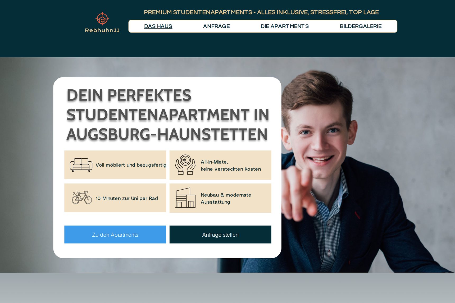 Startseite von Rebhuhn11 mit Aufmacher zum Studentenapartment in Augsburg