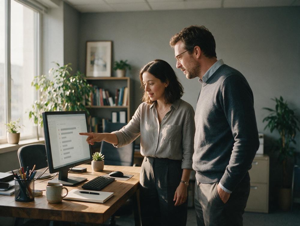 Zwei Personen besprechen am Monitor die Platzierungen einer Website