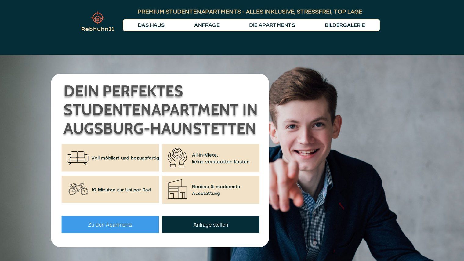 Startseite von Rebhuhn11 mit Aufmacher zum Studentenapartment in Augsburg