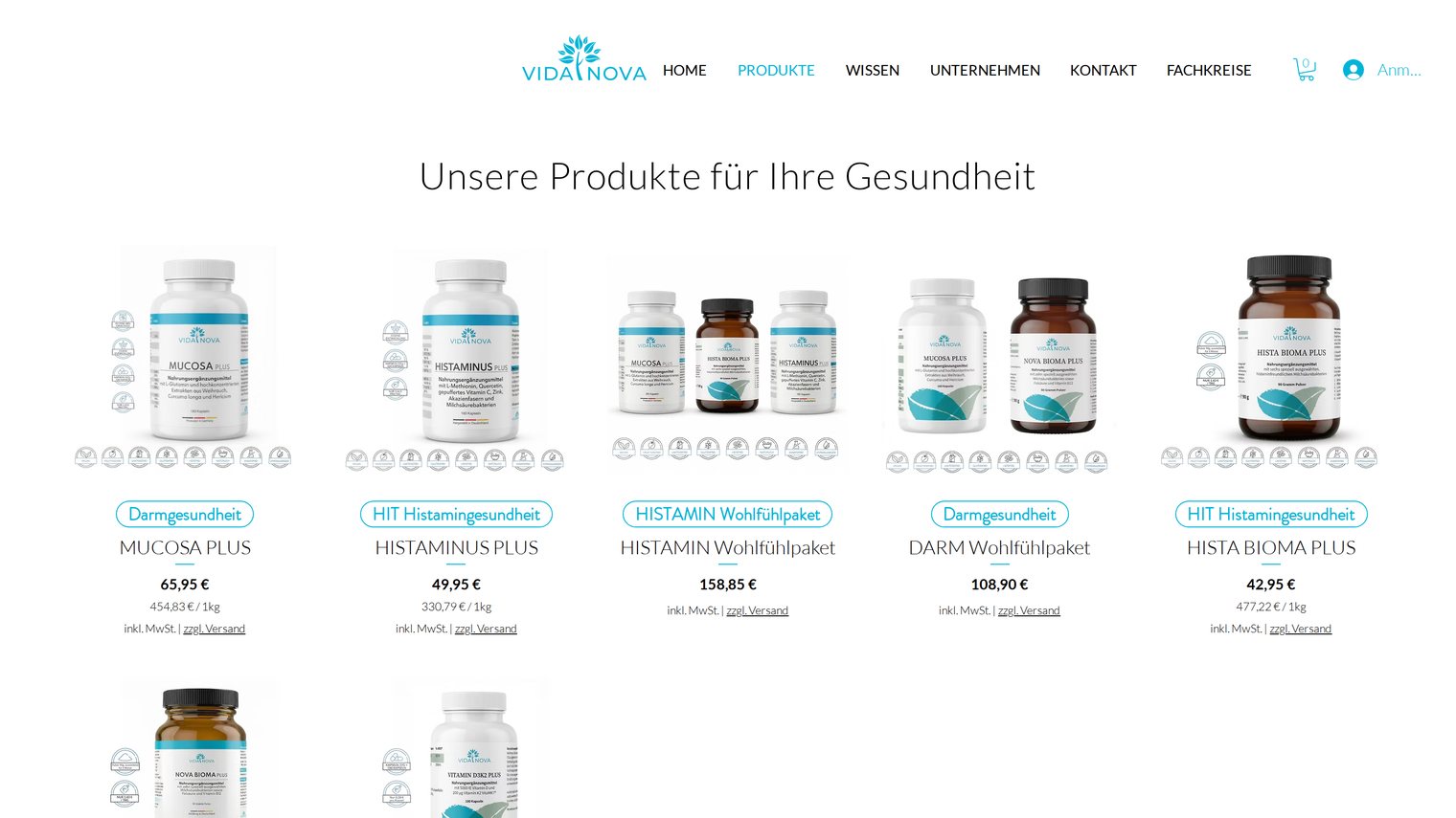 Produktseite von Vida Nova mit Nahrungsergänzungsmitteln und Preisen