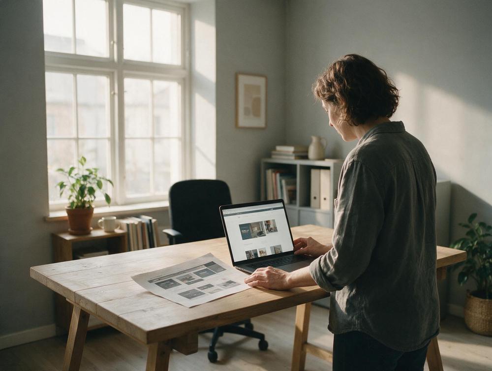 Person vergleicht am Schreibtisch einen alten Website-Ausdruck mit einem neuen Entwurf am Laptop