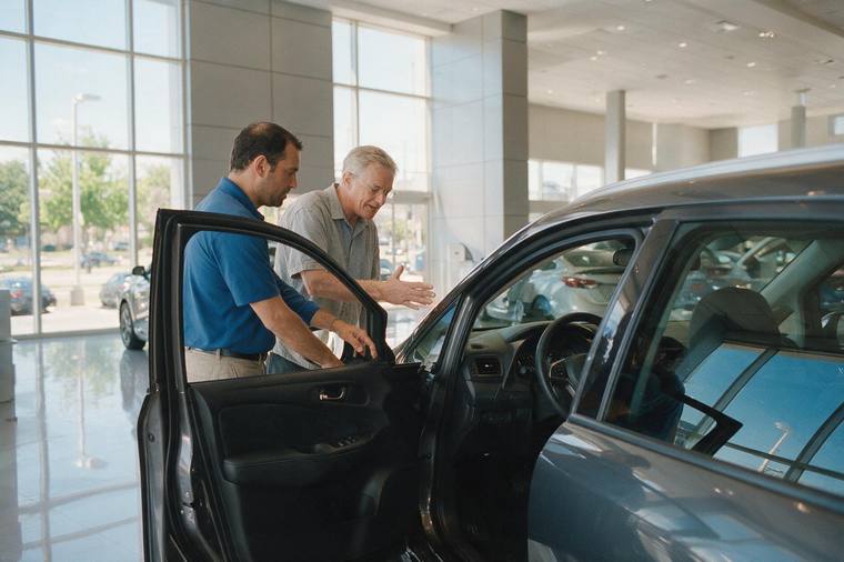 Verkaufsraum eines Autohauses mit poliertem Fahrzeug und Glasfront