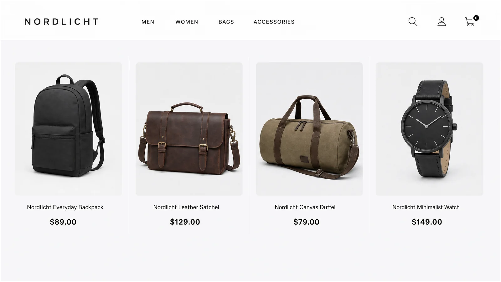 Produktübersicht eines Onlineshops: vier Artikel nebeneinander mit Foto, Bezeichnung und Preis, darüber eine schlanke Navigationsleiste