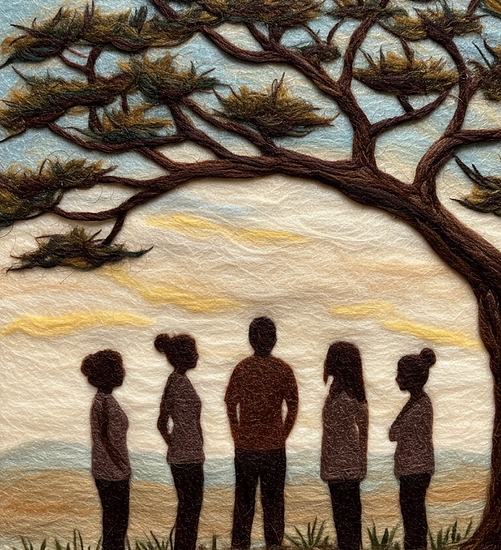 image representing diverse adult learners getting support under the shade of a pinon tree, representing the protective and supportive nature they'll receive as adult learners working with pinon tutoring in albuquerque new mexico