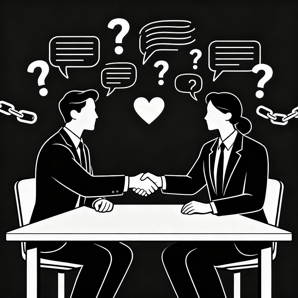 Two figures in suits shake hands across a table. Speech bubbles, question marks, a heart, and chains appear in the black background.