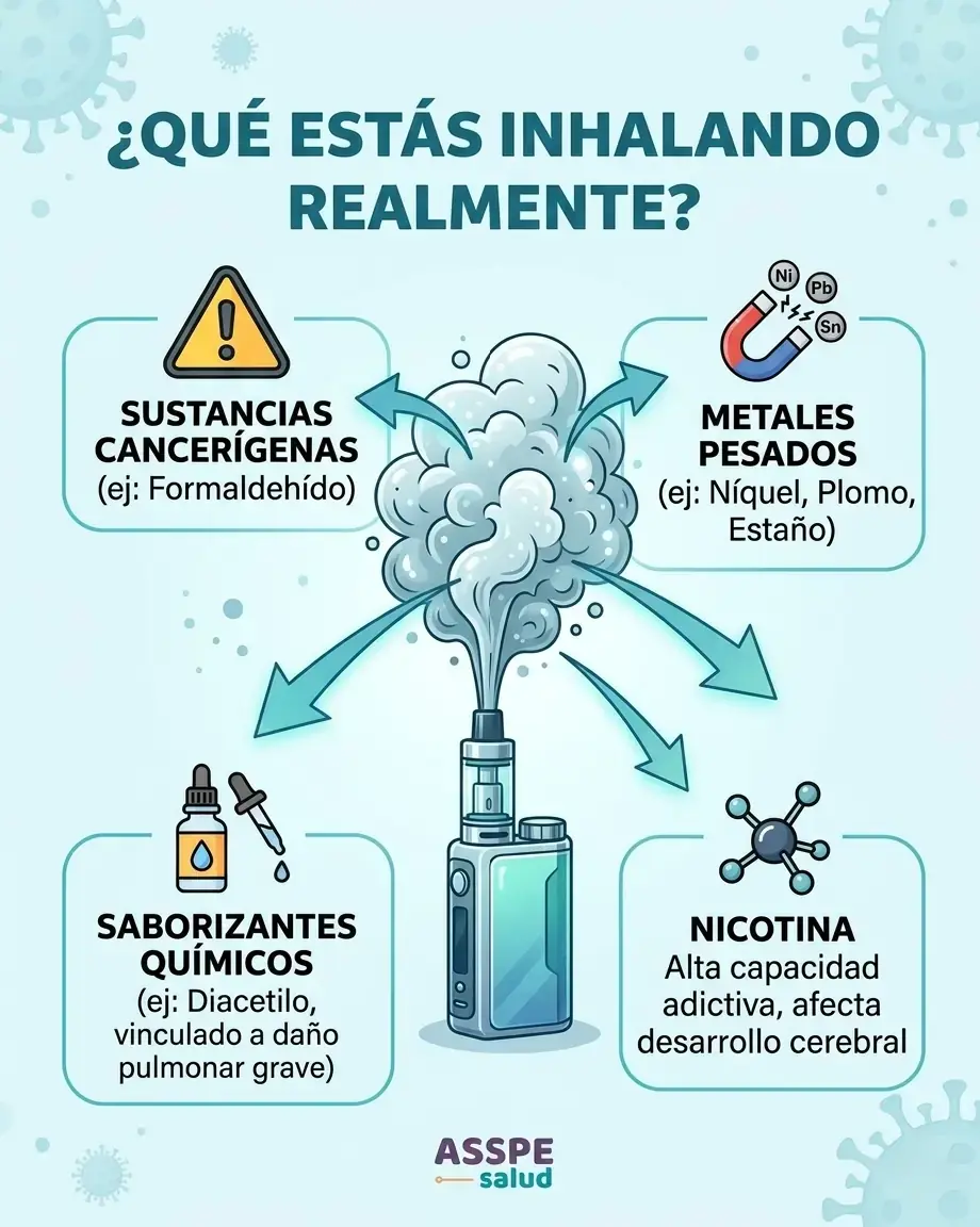 Infografía de ASSPE Salud que explica los riesgos de vapear y los componentes del aerosol del cigarrillo electrónico, incluyendo formaldehído, metales pesados como níquel y plomo, y nicotina.