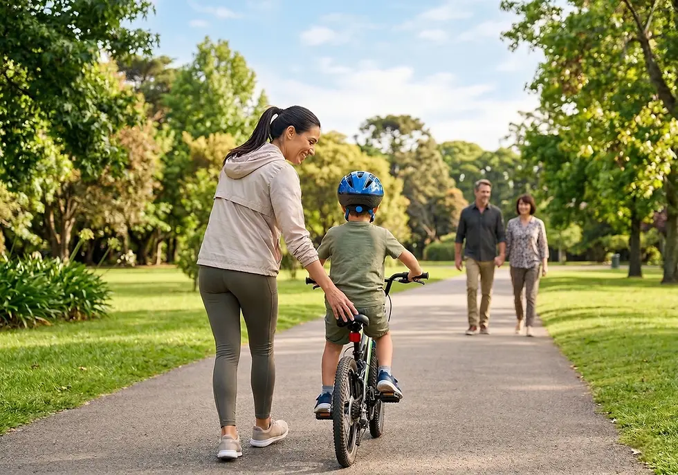 Madre acompañando a su hijo a andar en bicicleta en un parque arbolado, con una pareja caminando al fondo, representando el bienestar familiar y la vida sana.
