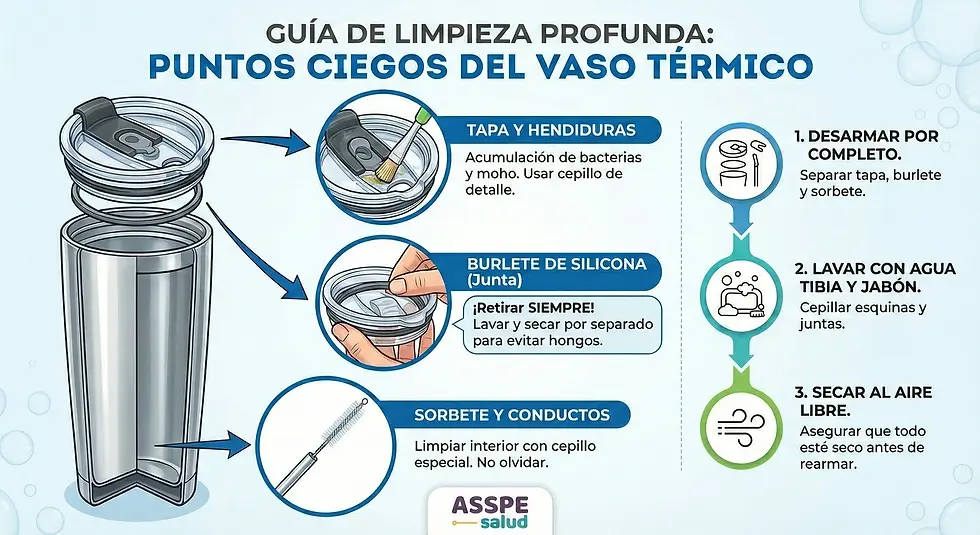 Infografía de ASSPE Salud: Guía de limpieza profunda para vasos térmicos. Muestra los puntos ciegos como la tapa, el burlete de silicona y el sorbete, con pasos para desinfectar y eliminar bacterias para el bienestar diario.