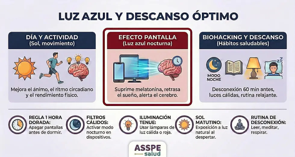 Infografía de ASSPE Salud sobre Luz Azul y Descanso Óptimo. Se divide en tres fases: 1. Efecto positivo del sol y el movimiento durante el día; 2. Efecto negativo (en rojo) de las pantallas que suprimen la melatonina por la noche; 3. Hábitos de biohacking como la regla de la hora dorada y filtros de luz cálida.