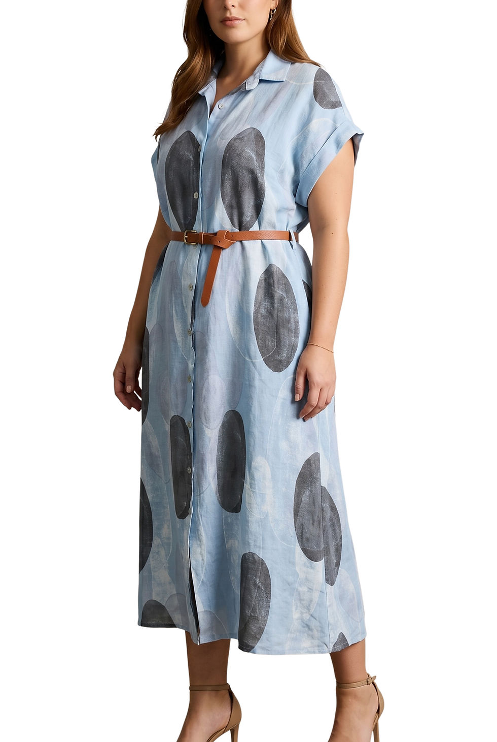 Thumbnail: The Pebble Print 100% Linen Belted Midi Dress