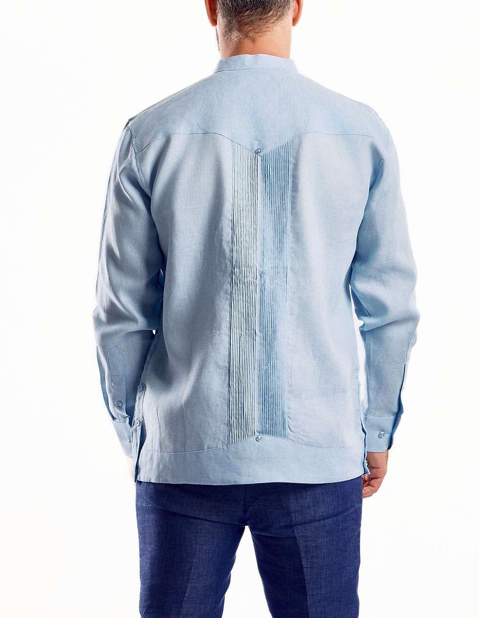Thumbnail: Men’s 100% Linen Mandarin Collar Resort Wedding Guayabera with Pleated Detailing