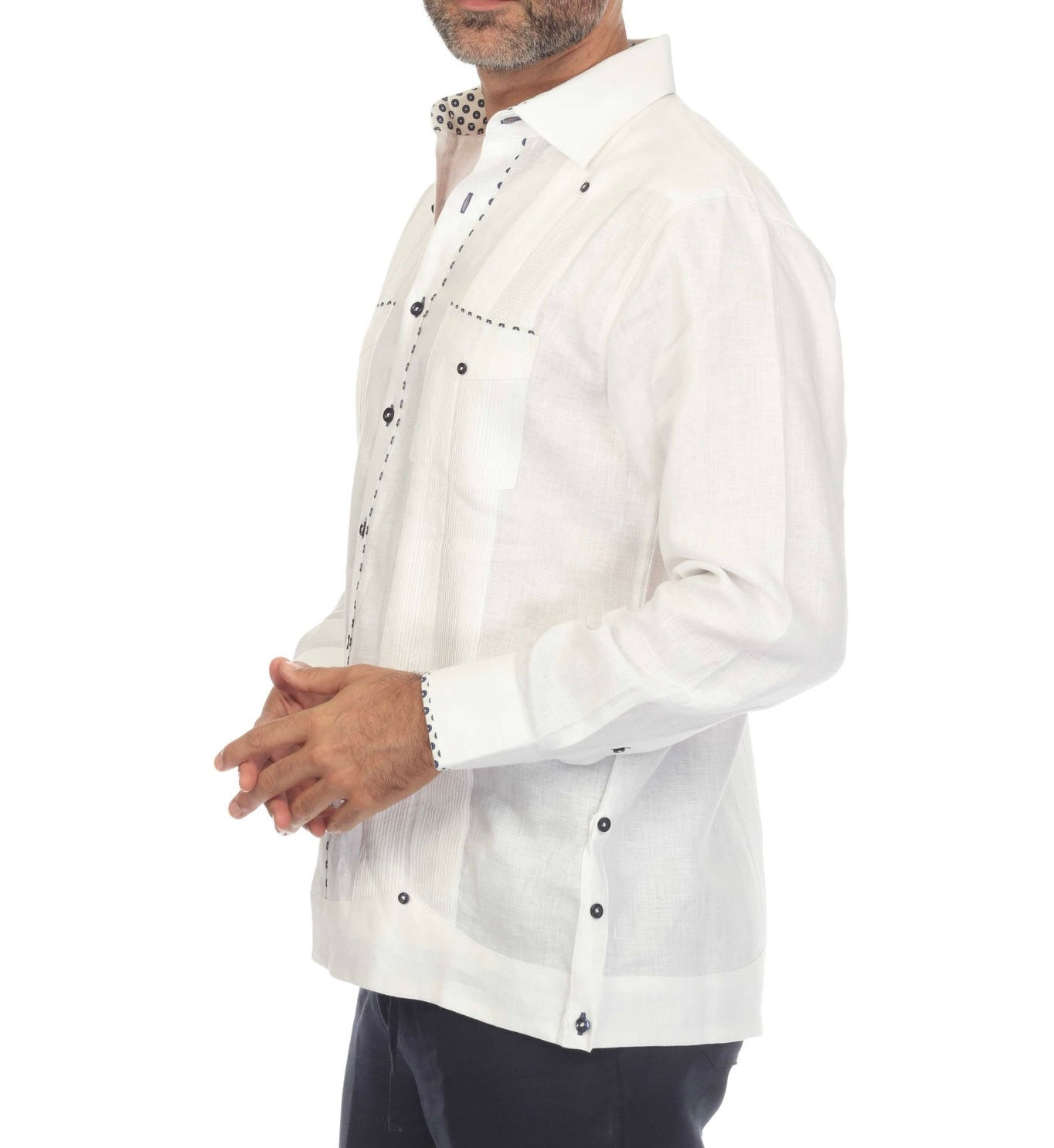 Men's 100% Linen Guayabera Chacabana Shirt Long Sleeve with Print Trim Accent