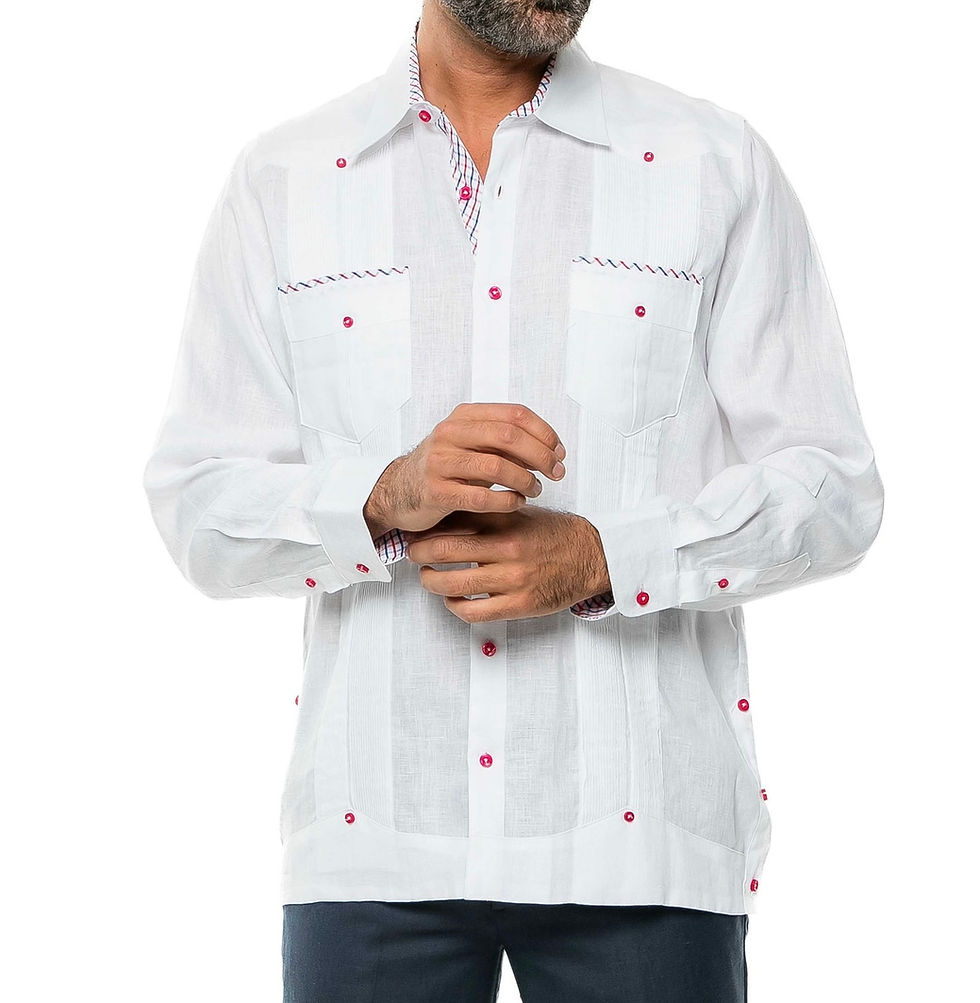 Thumbnail: Men's Modern 100% Irish Linen Guayabera Long Sleeve Cross-Stitch Print Trim