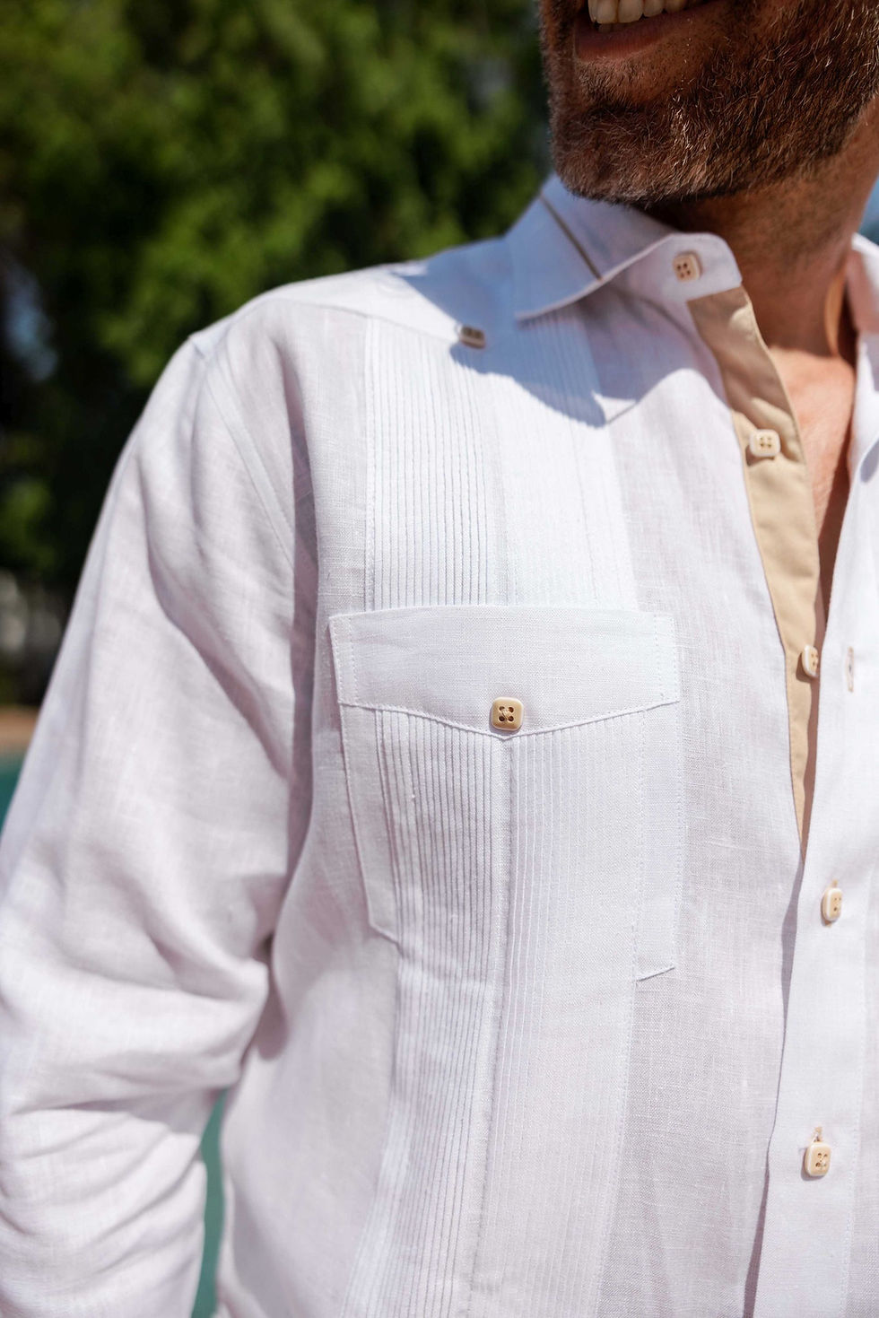 Thumbnail: Men's 100% Linen Guayabera Long Sleeve - Contrast Vertical & Collar Accent Trim