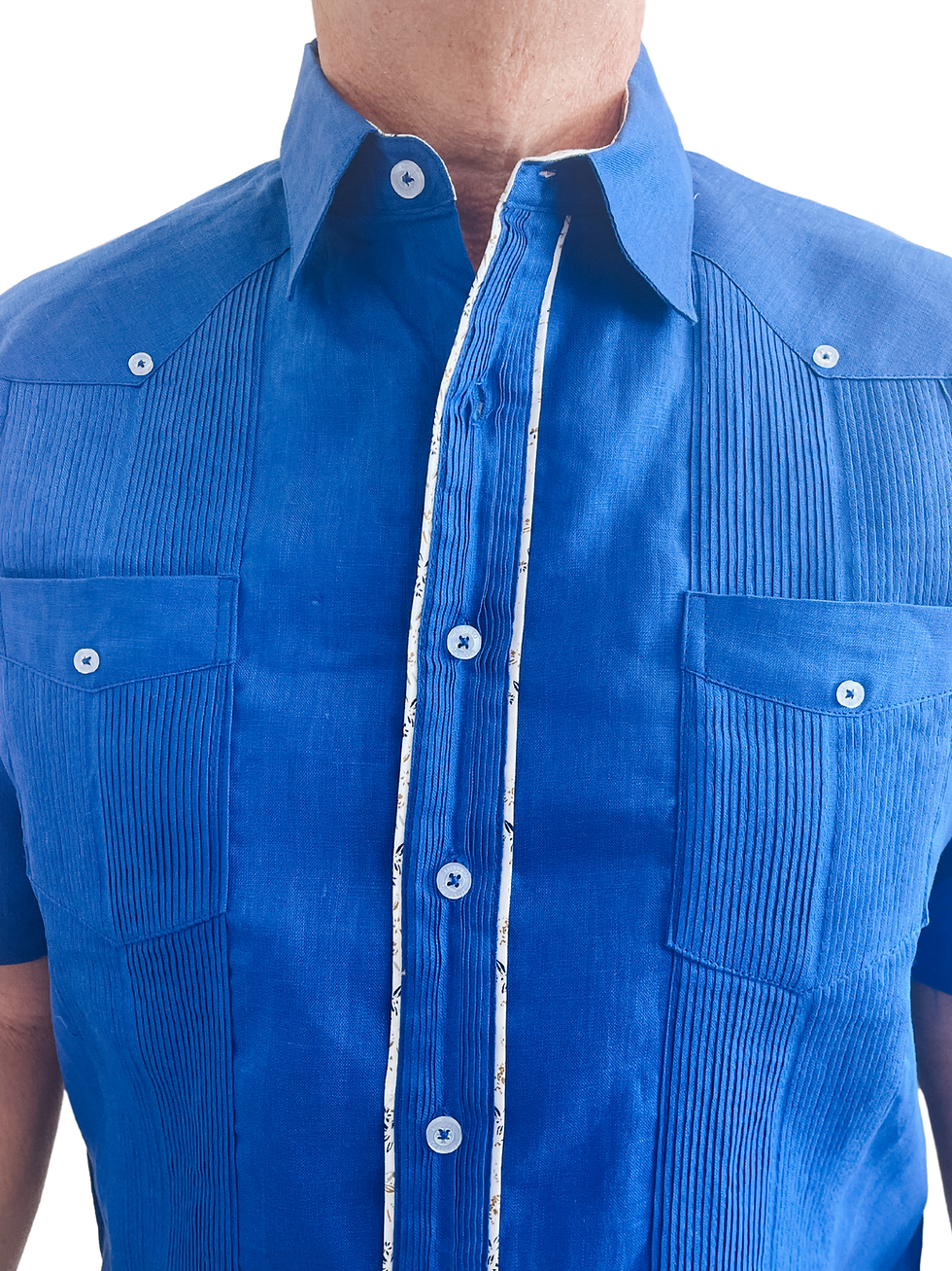 Thumbnail: Modern Floral Trim Two-Pocket Guayabera - Short Sleeve - 100% Irish Linen 