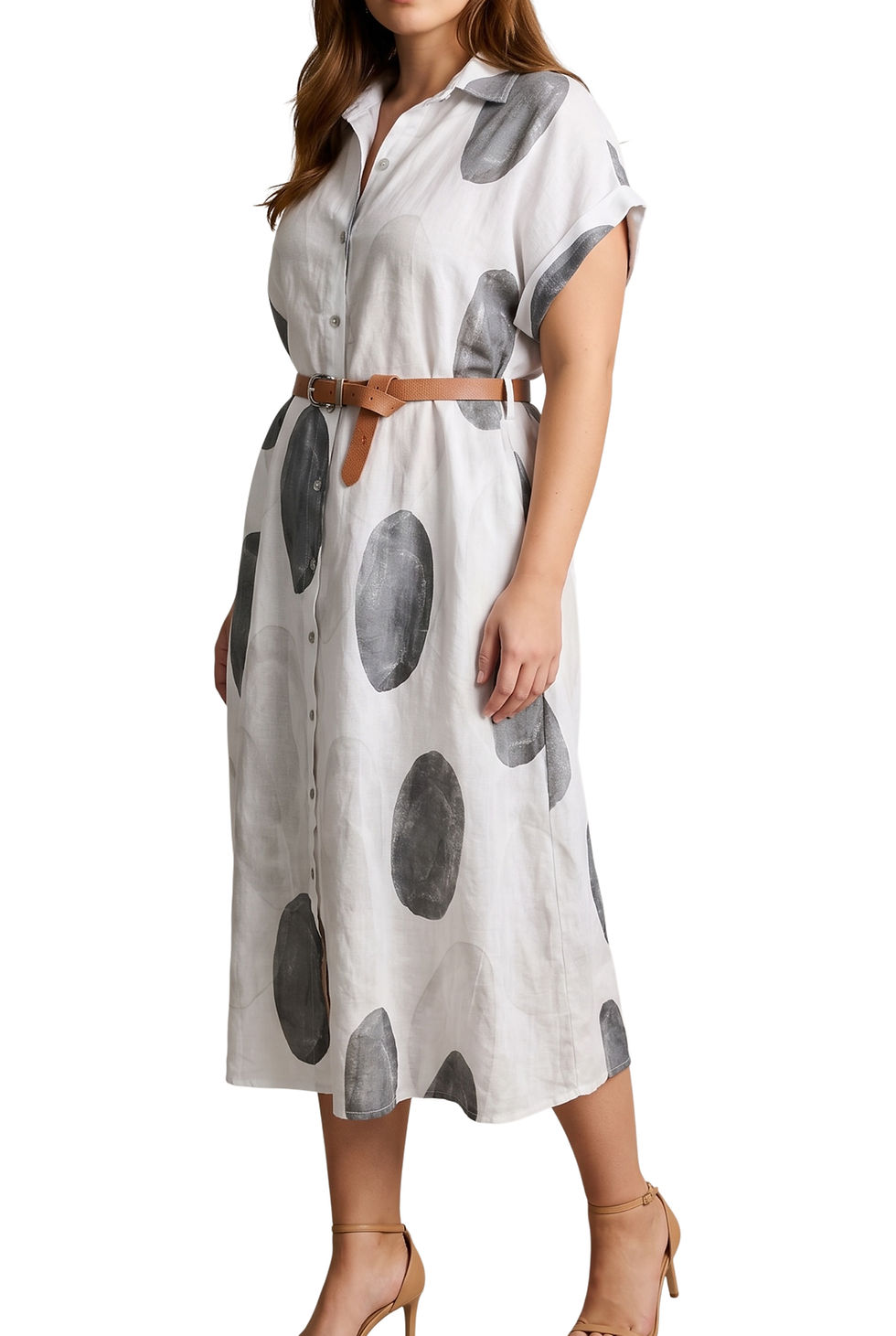 Thumbnail: The Pebble Print 100% Linen Belted Midi Dress