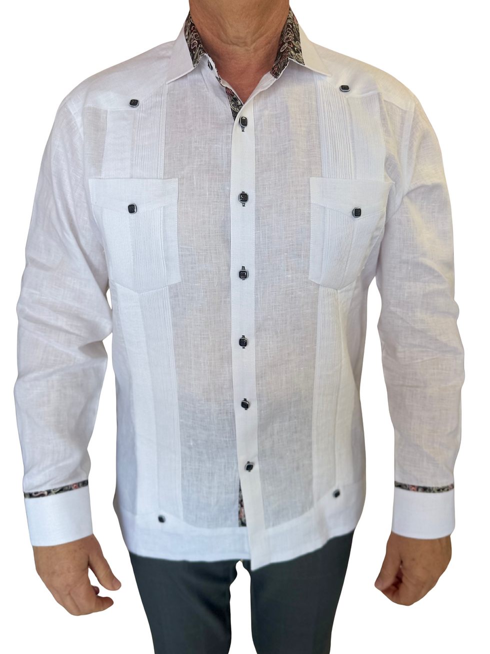 Thumbnail: Men's 100% Linen Guayabera Long Sleeve with Pattern Contrast Trim 