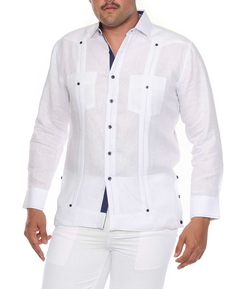 Thumbnail: Men's 100% Linen Guayabera Chacabana Long Sleeve with Contrast Trim & Pleats