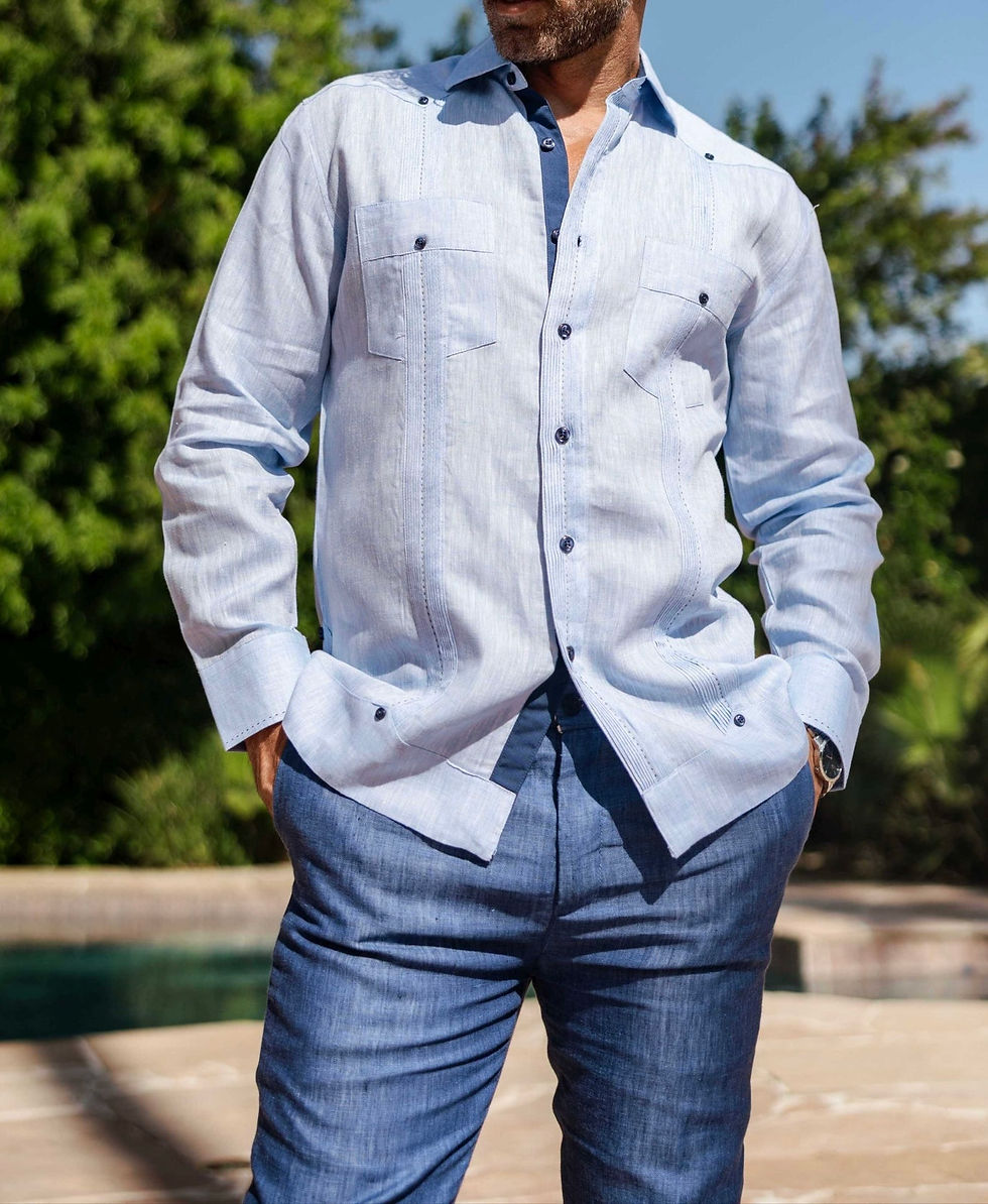 Thumbnail: Men's 100% Linen Guayabera Chacabana Long Sleeve with Contrast Trim & Pleats