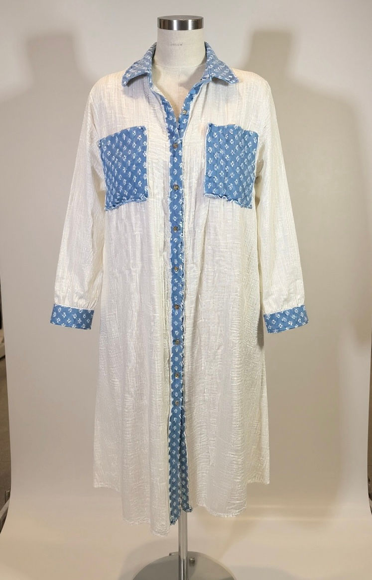 Thumbnail: Azzurra Contrast Linen Shirt Dress – Made in Italy