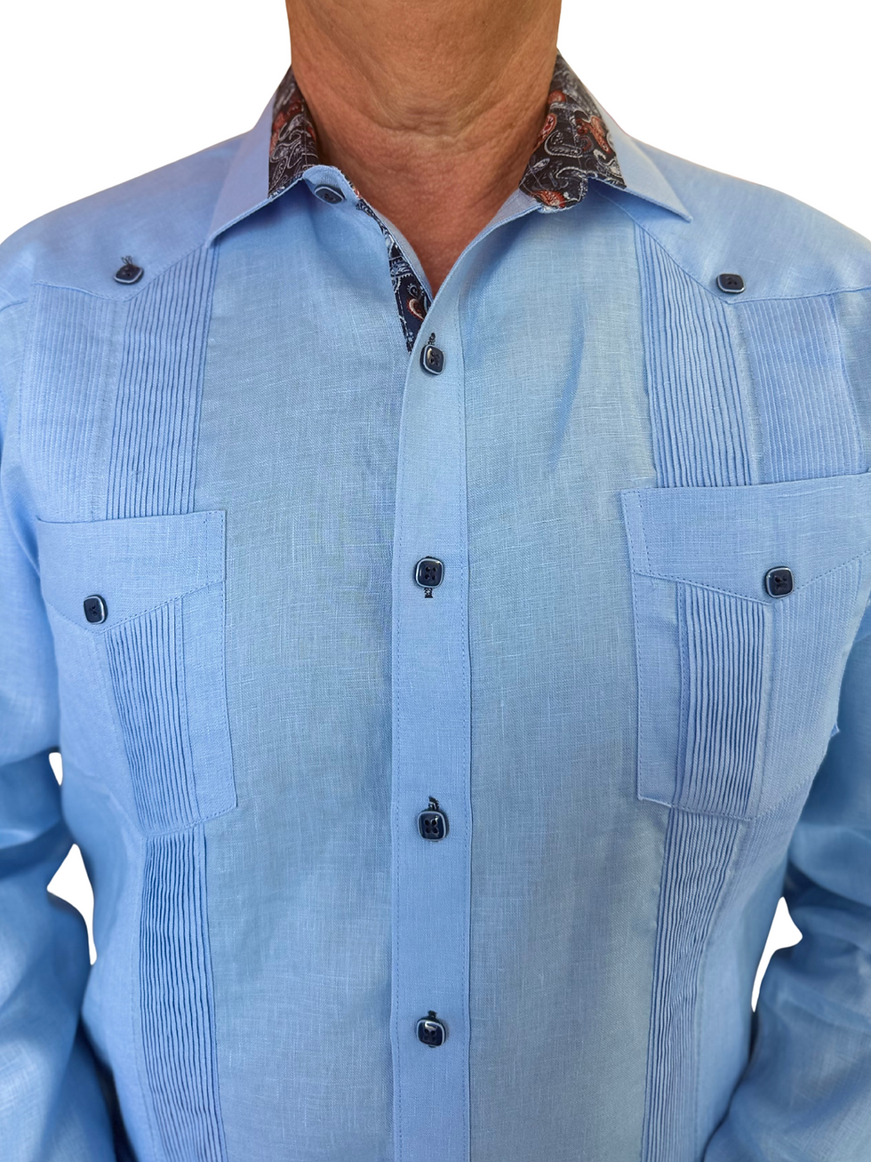 Thumbnail: Men's 100% Linen Guayabera Long Sleeve with Pattern Contrast Trim 