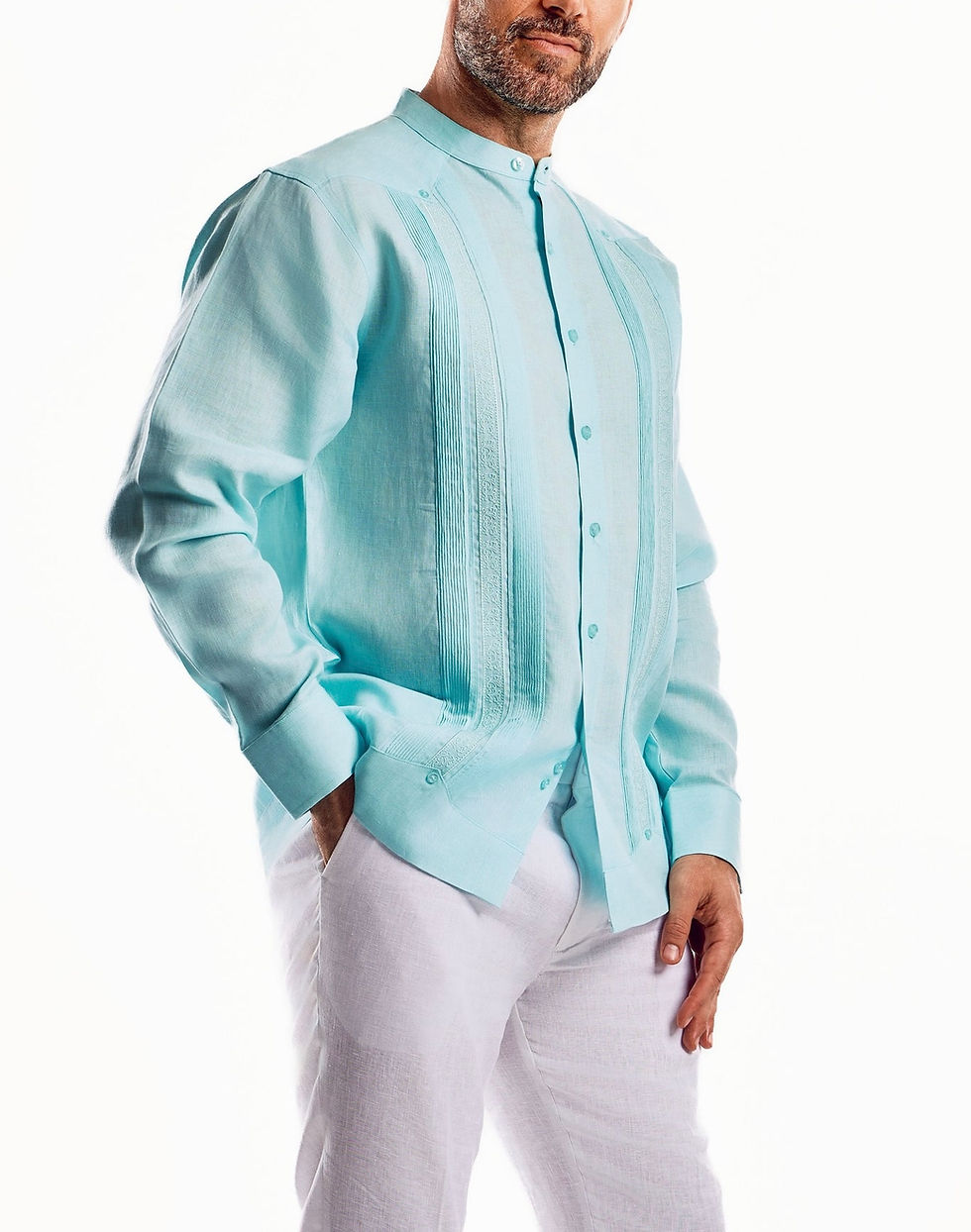 Thumbnail: Men's 100% Linen Mandarin Collar Guayabera Chacabana Shirt with Embroidery 