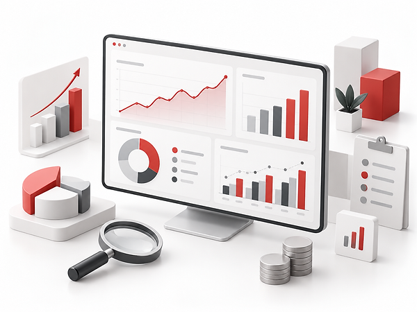 Illustrative financial dashboard for monitoring revenue, margins, costs and actual results against forecasts.