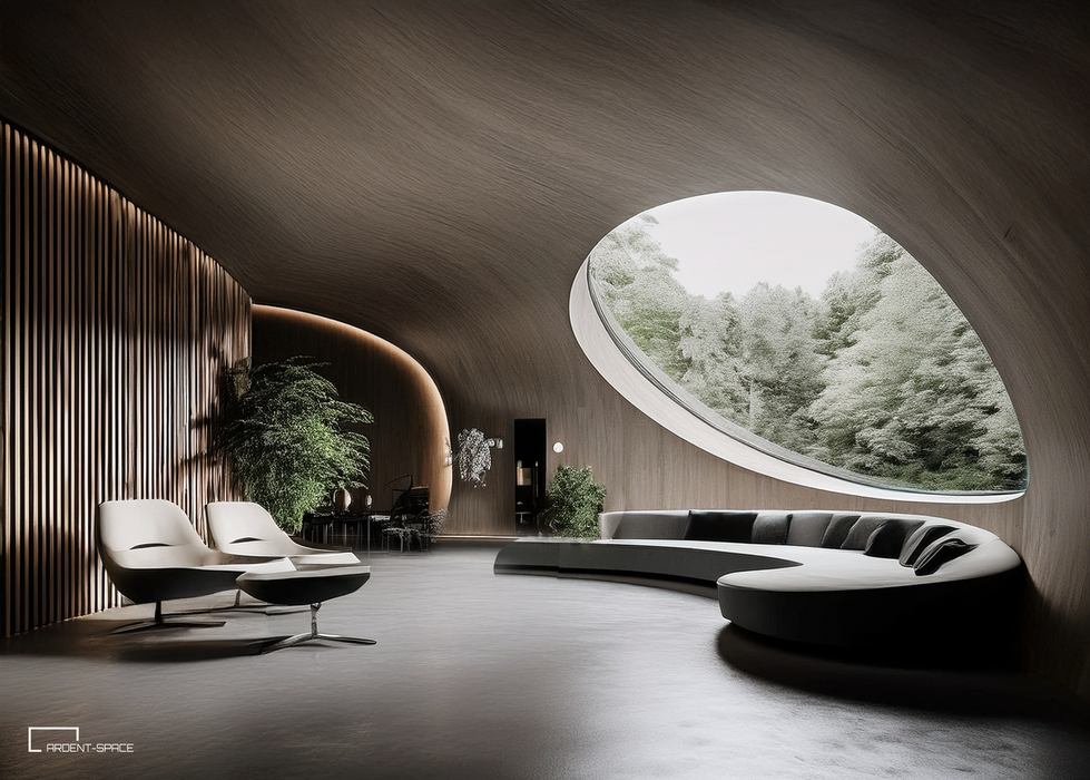 Futuristic office space with curved wooden walls, modern furniture, and a large oval window overlooking a forest.