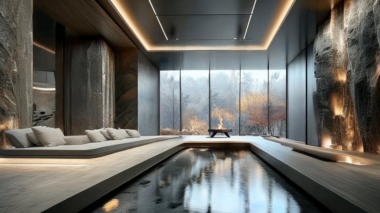 Modern spa interior featuring a large, shallow pool with a smooth stone floor. Soft seating with cushions is arranged along the walls, and large windows offer a view of a serene outdoor landscape with trees. Subtle lighting highlights the textured stone walls.