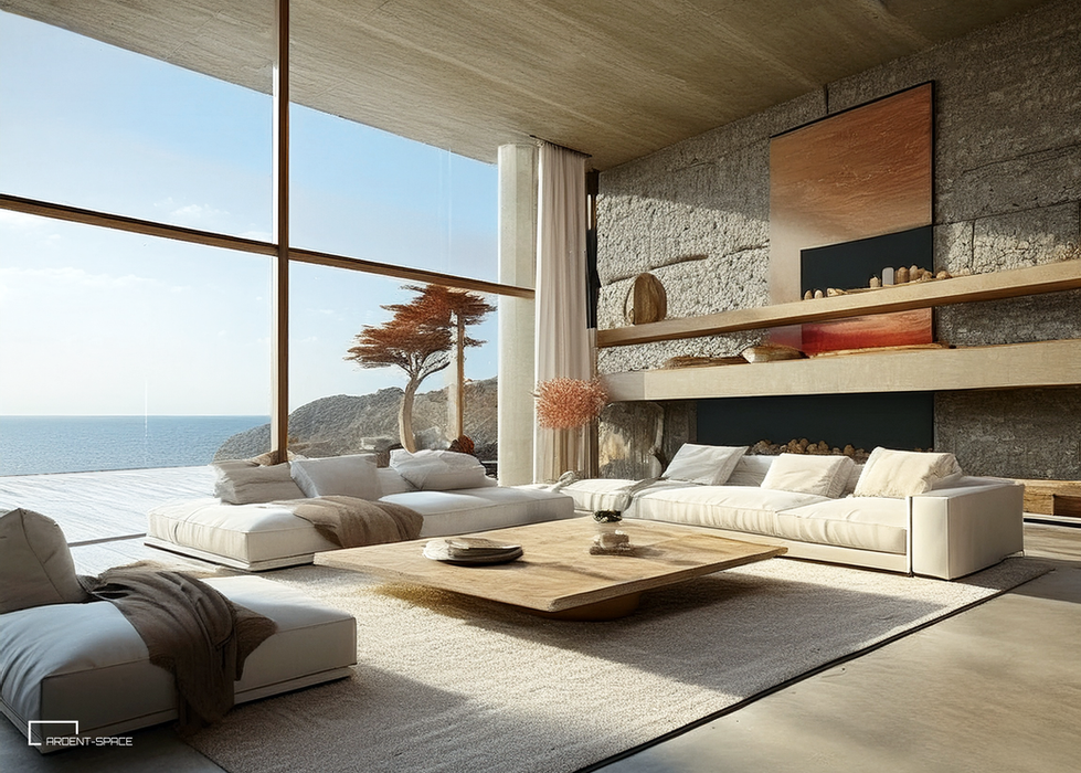Minimalist living room with sectional sofa, natural wood coffee table, and floor-to-ceiling windows overlooking the ocean