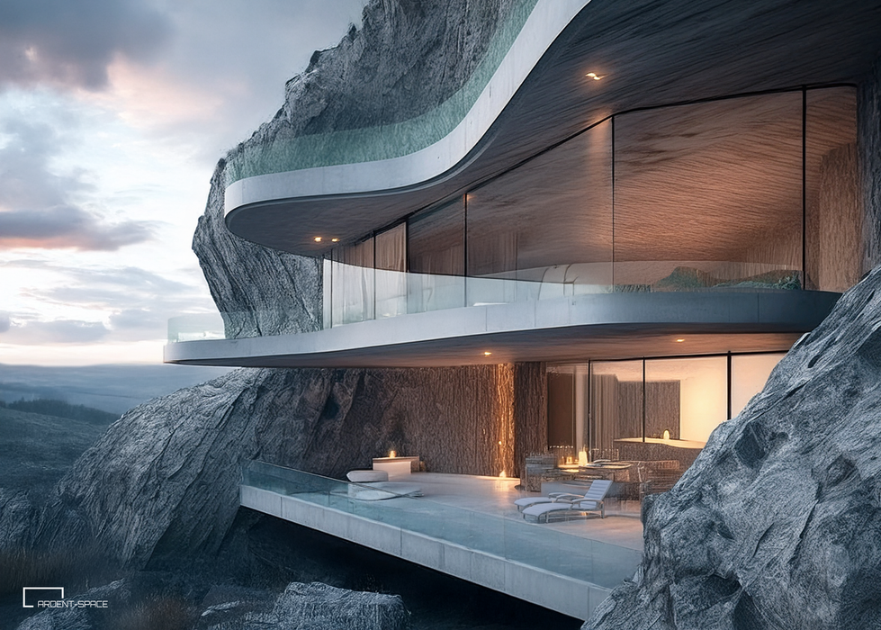 Modern villa with a concrete structure, featuring large glass windows and a cantilevered design, situated on rocky terrain.