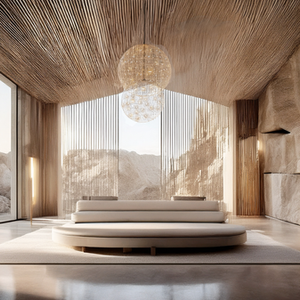 Modern minimalist llobby with circular white sofas, a large spherical chandelier, and floor-to-ceiling windows overlooking rocky landscape.