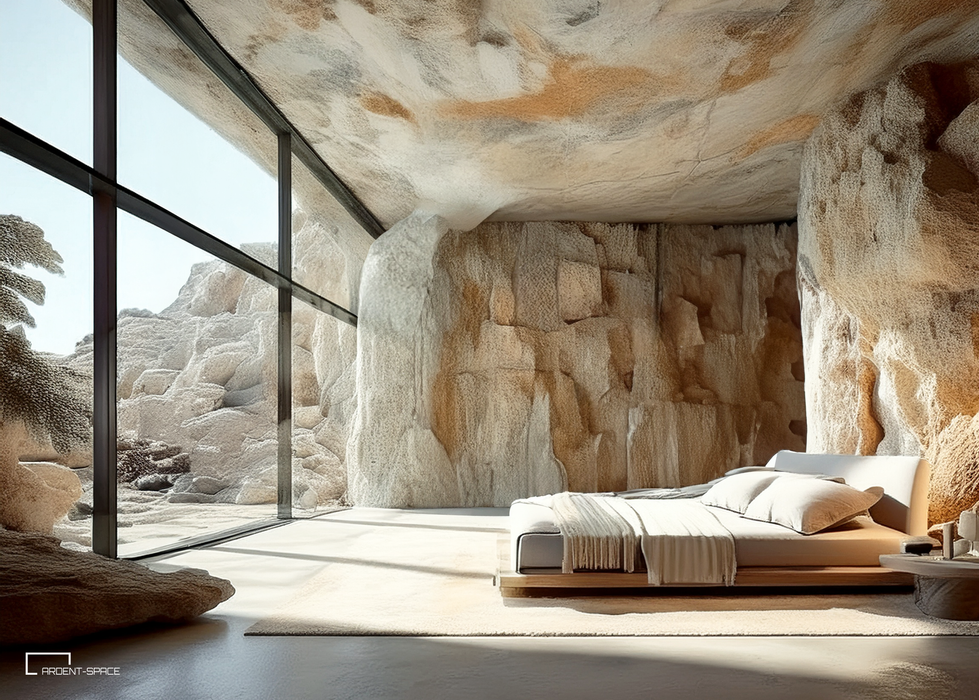 Luxurious bedroom with a natural stone design, featuring a large bed with plush pillows, surrounded by a rocky cave. Floor-to-ceiling windows reveal a sunlit, rocky landscape outside.