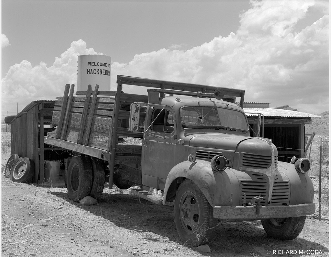 Welcome to Hackberry, AZ, ©XXXX. 4x5" Silver Negative.