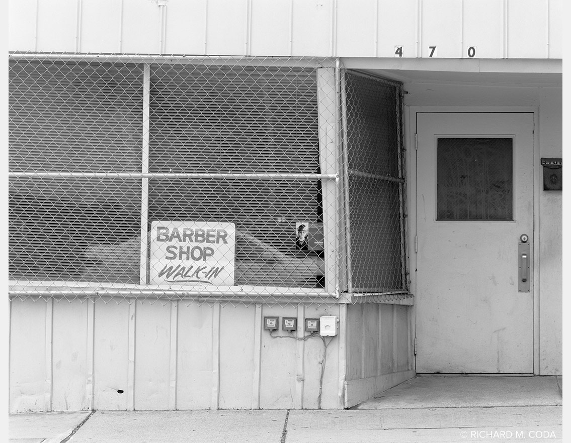 Barber Shop, Pittsburgh, PA, ©2015. 4x5" Silver Negative.