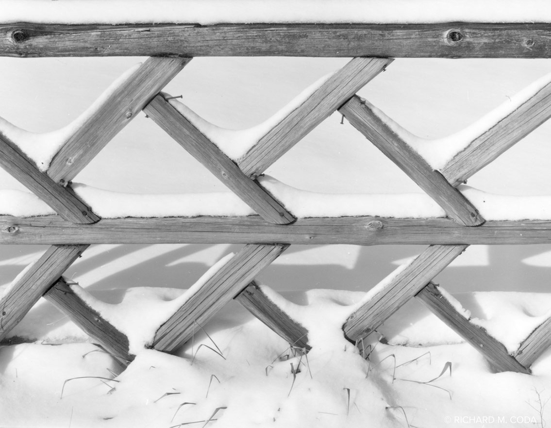Fence and Snow, Pompton Lakes, NJ, ©XXXX. 4x5" Silver Negative.