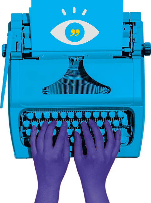 Imagem fixa de uma máquina de escrever azul com um par de mãos até o pulso roxa digitando.