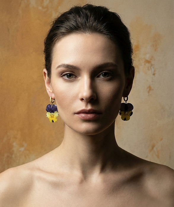 Real pansy flower charm earrings danfling from yellow enamel hoops. Handmade in Vancouver by LakooDesigns Iranian Persian Designer Jewelry Artist inCanada