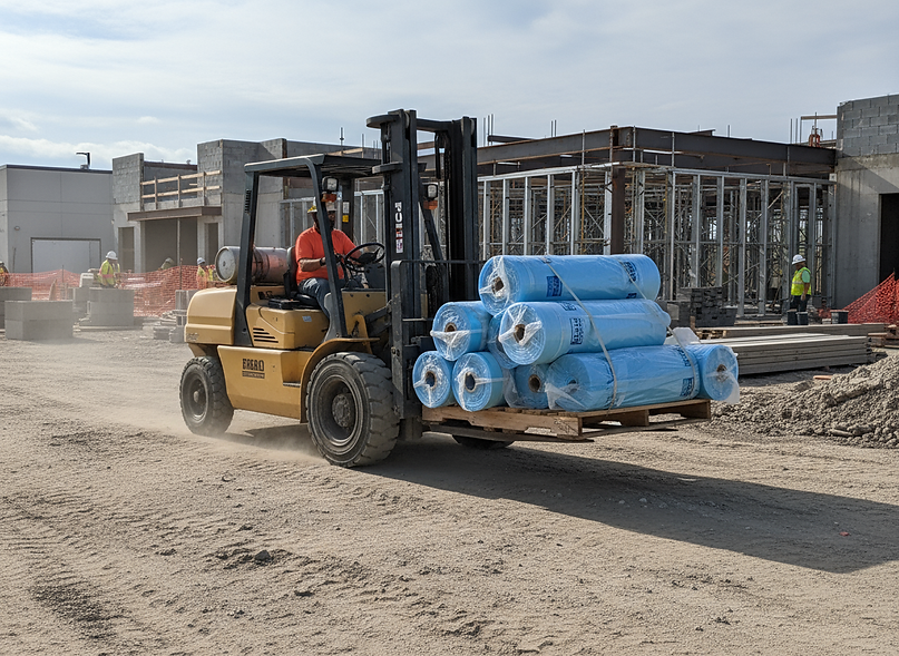 Firefly_Gemini Flash_forklift carrying a pallet of vapor retarder rolls at a jobsite 60004