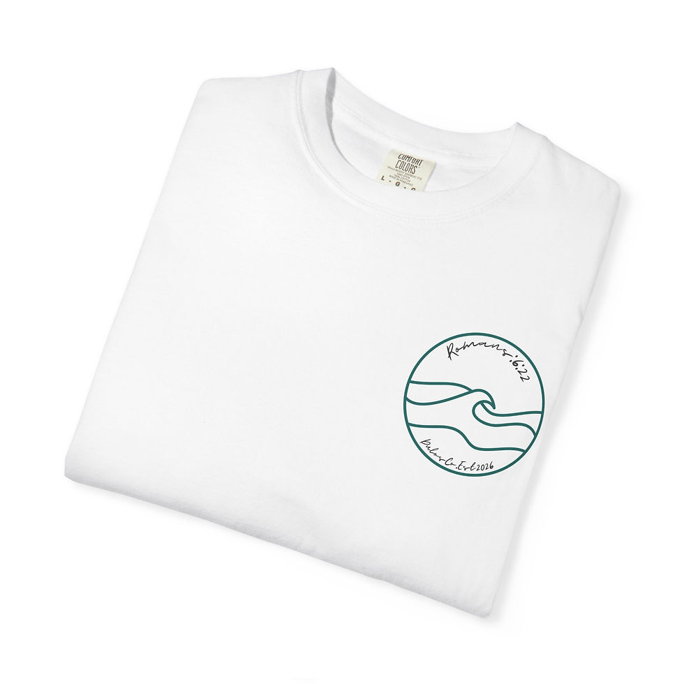Thumbnail: Romans 6:22 Ocean Wave Badge T-shirt | Green Watercolor Coastback Print