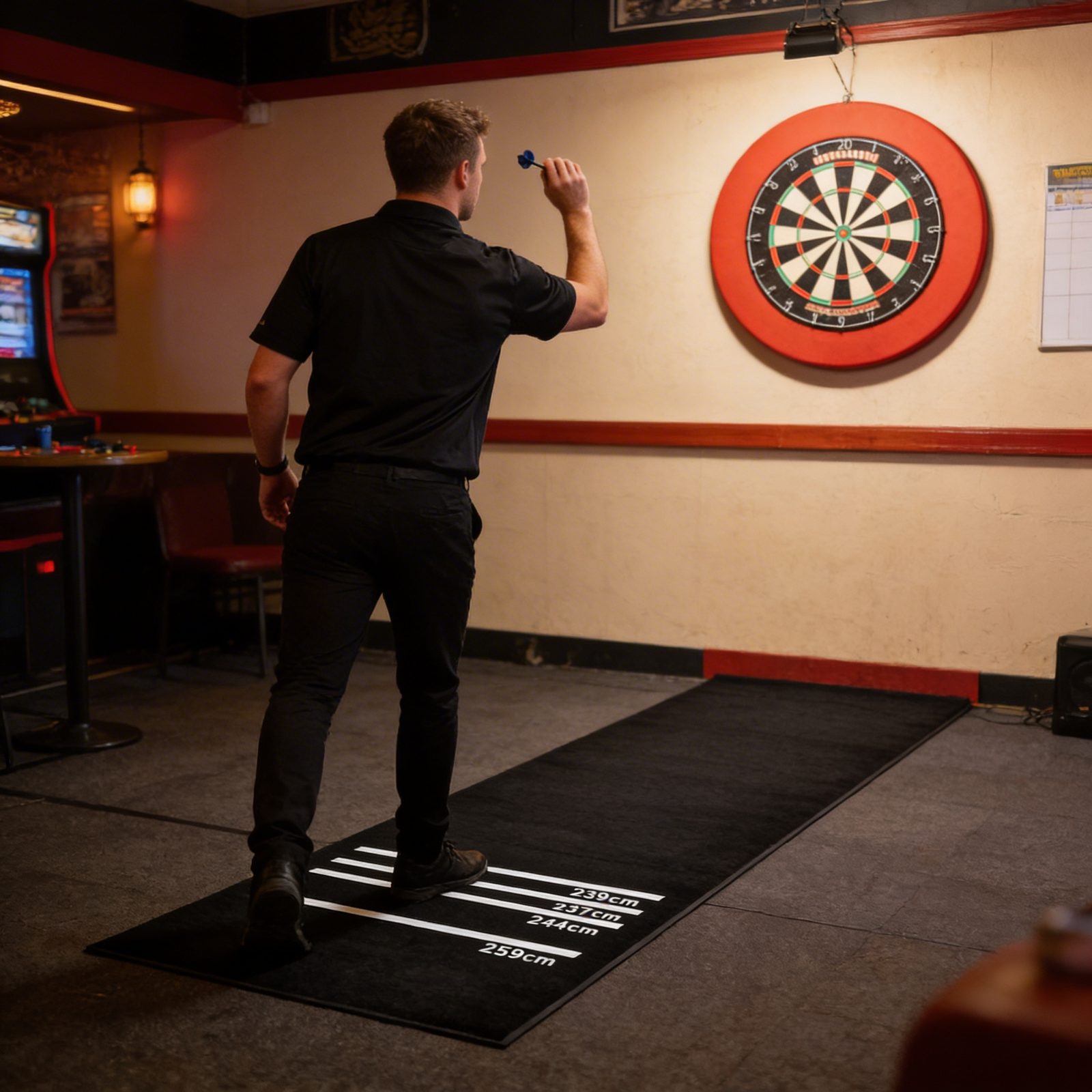 Dartspieler auf einer bedruckten Dartmatte mit Abwurflinien