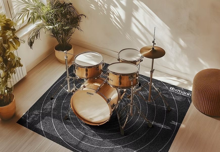 Drum kit on a custom printed drum rug