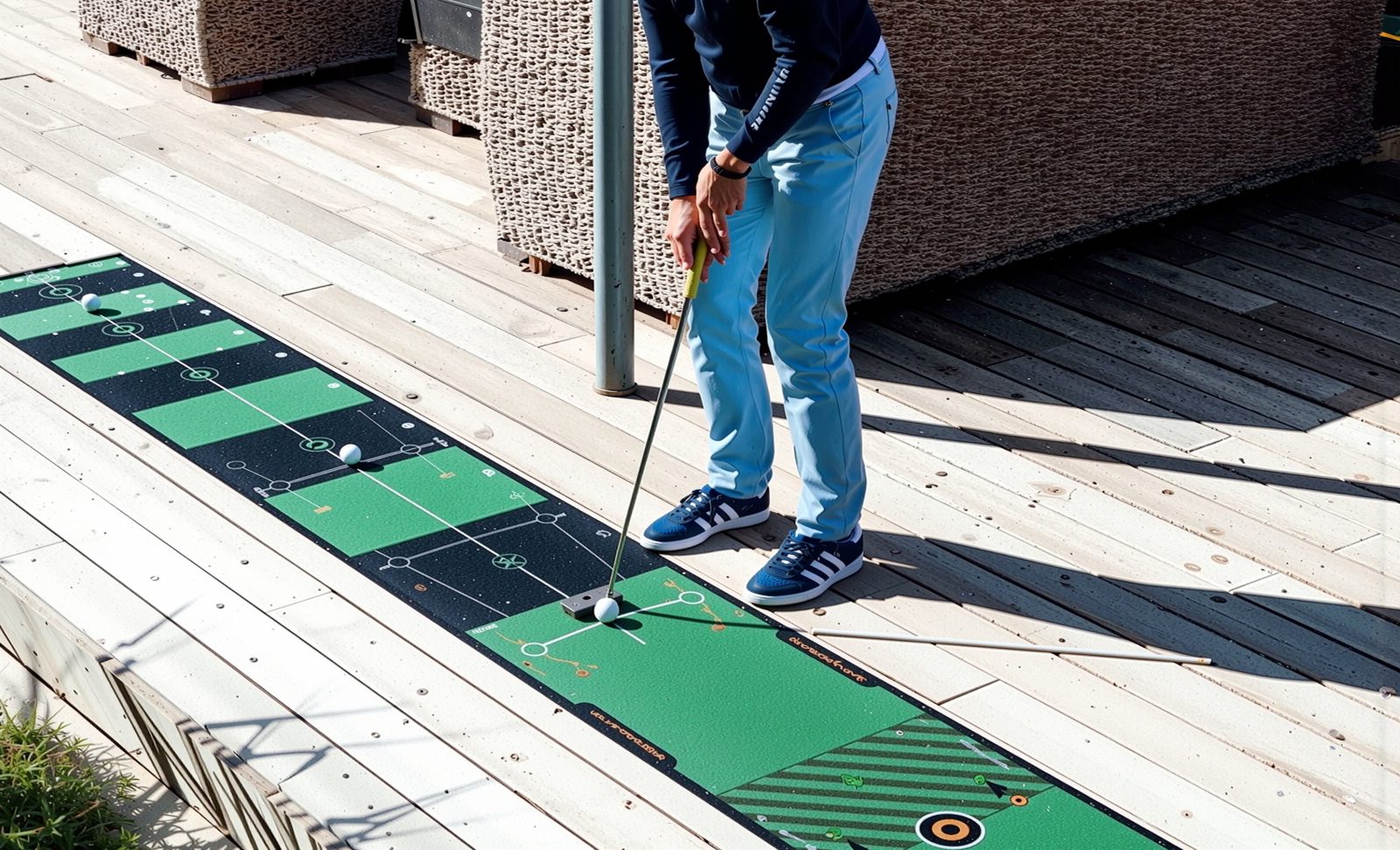 Golfer practising on a custom printed putting mat