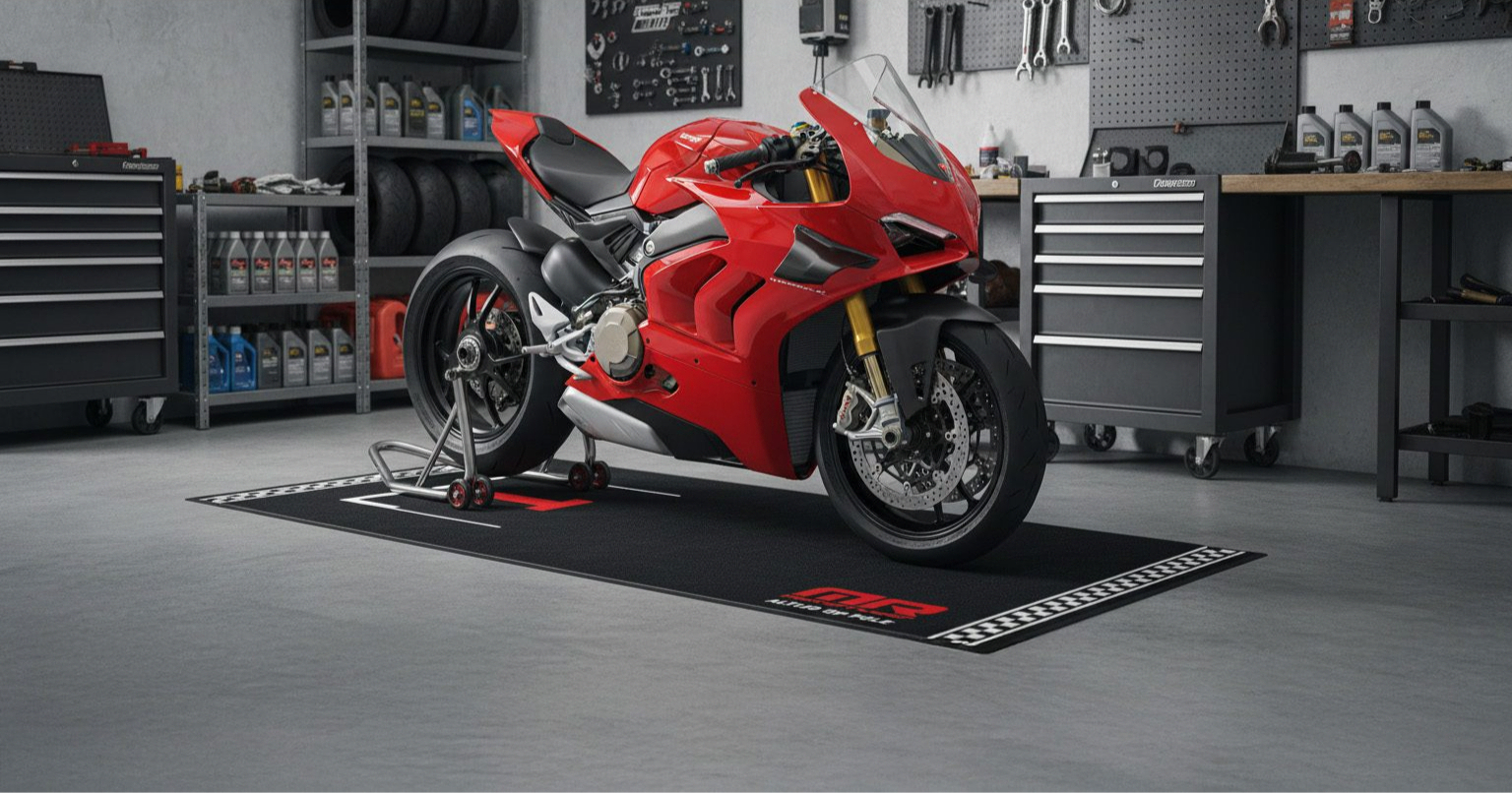 Sportmotorrad auf einer bedruckten Garagenmatte