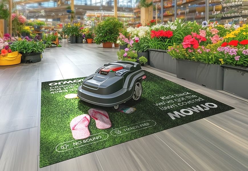 Printed POS floor mat promoting a product in a garden centre